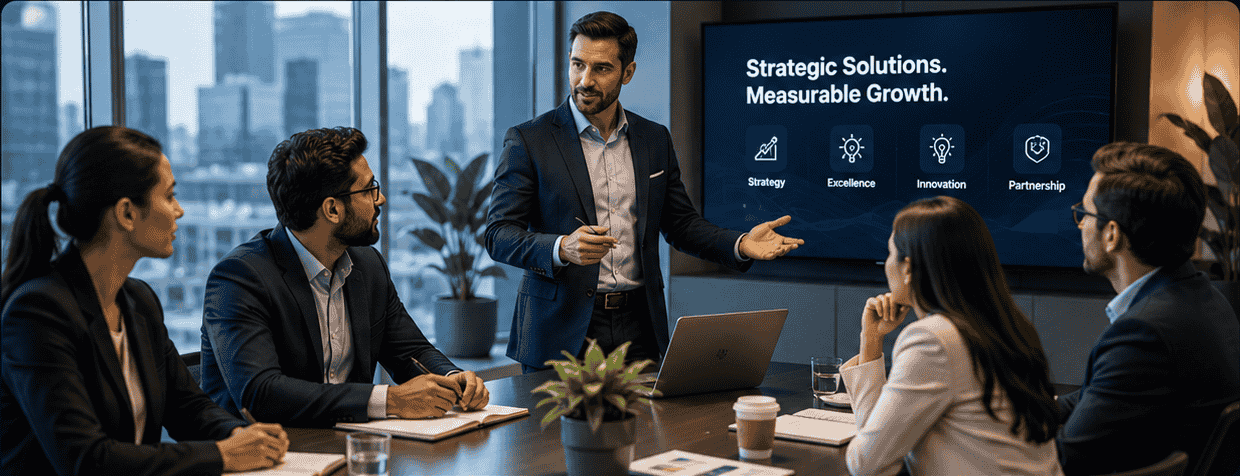 Business consulting and corporate strategy meeting at UpKeep Solutions