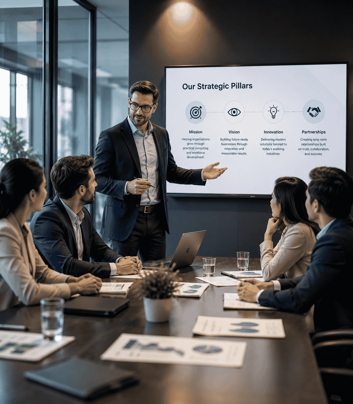Business consultants presenting strategic growth pillars during a corporate meeting